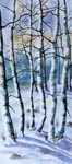 landscape, forest, woods, trees, birch, aspen, snow, winter, original watercolor painting, gabetta