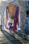 cityscape, city, street, arch, morning, light, people, crowd, original watercolor painting, gabetta