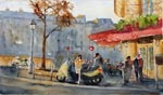cityscape, city, street, cafe, morning, light, people, crowd, original watercolor painting, gabetta