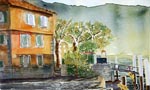 landscape, lake, house, pier, sunrise, mist, original watercolor painting, gabetta