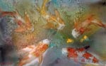 nature, fish, koi, pond, water, light, original watercolor painting, gabetta