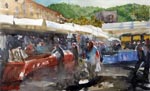 cityscape, city, street, market, stall, morning, light, people, crowd, original watercolor painting, gabetta