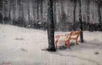 landscape, woods, forest, snow, bench, trees, winter, snowing, original watercolor painting, gabetta