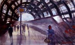 cityscape, city, railway station, station, train, people, crowd, original watercolor painting, gabetta