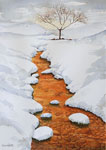 landscape, woods, forest, snow, creek, river, trees, winter, sunset, original watercolor painting, gabetta