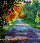 landscape, road, forest, autumn, fall, trees, original watercolor painting, gabetta
